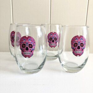 Pink Sugar Skull Stemless Wine Glasses